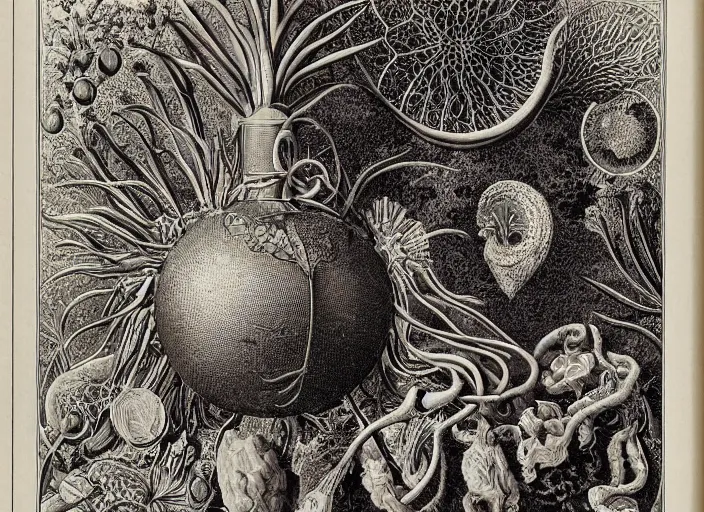 Image similar to the alembic of literary dreams, full colour, 3 d shaded, by ernst haeckel,