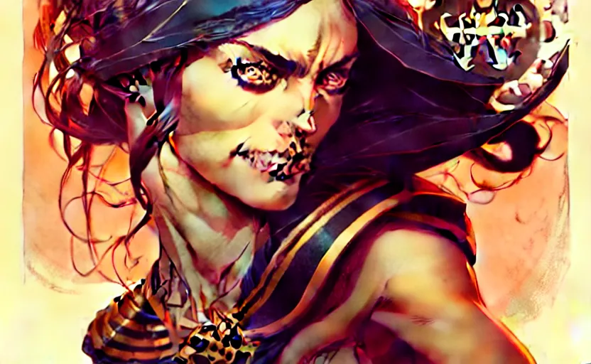 Image similar to artgerm, joshua middleton comic cover art, pretty pirate phoebe tonkin smiling, full body, symmetrical eyes, symmetrical face, long curly black hair, on a pirate ship background, warm colors