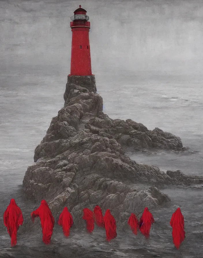 Image similar to worshippers in red robes belonging to the cult of the lighthouse clambering out of the water onto the rocky shore at the base of the light house, walking into the entrance of the light house, high detailed beksinski painting, part by adrian ghenie and gerhard richter. art by takato yamamoto. masterpiece, deep colours, blue