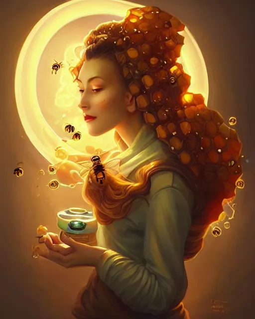 Prompt: beautiful beekeeper woman portrait, honeycomb hairstyle dripping honey, radiant light, swirling flowers, by peter mohrbacher and artgerm