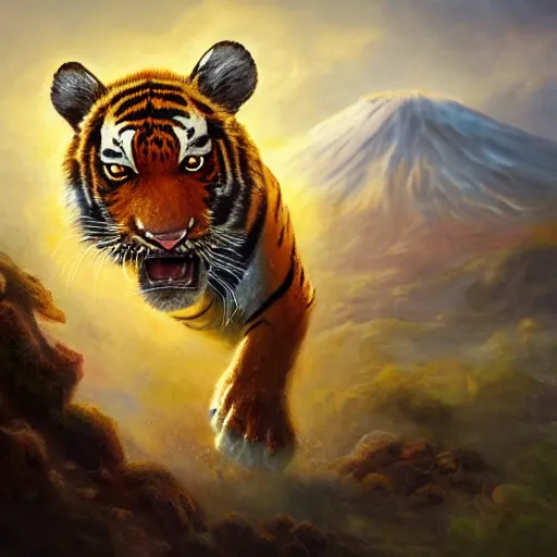 Image similar to tiger running from a volcano by justin gerard, deviantart