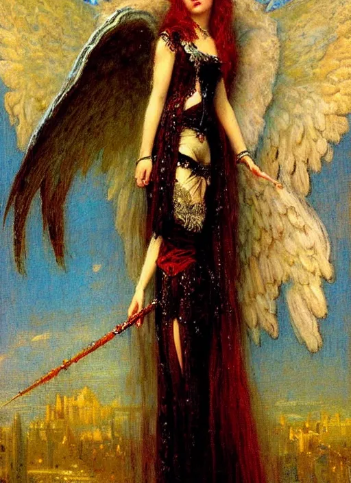 Image similar to vertical prtrait of an angel knight gothic girl, baroque dress. by gaston bussiere