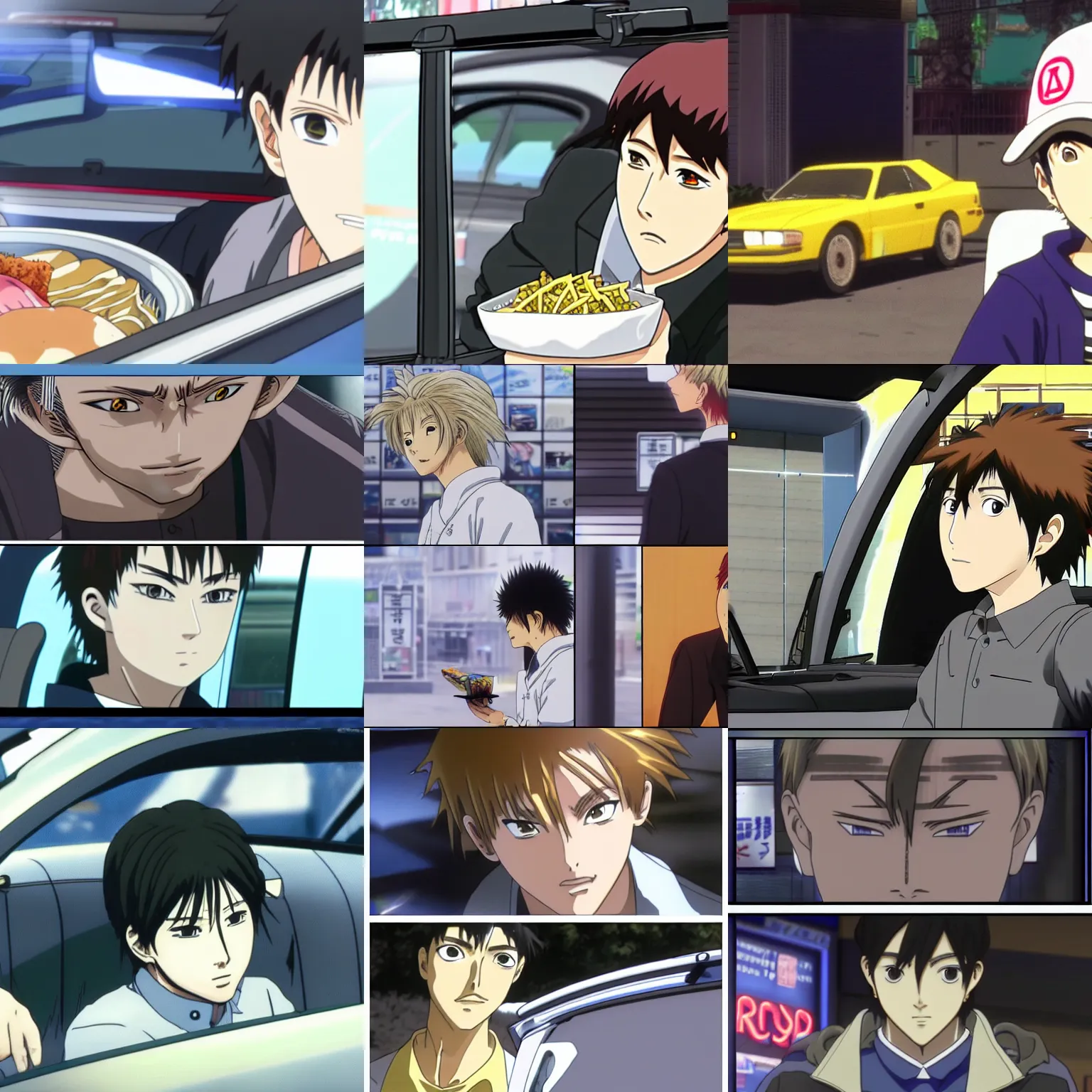 Prompt: ryosuke takahashi getting food at a drive - through, initial d anime screenshot, initial d anime 1 0 8 0 p, initial d stage 3, detailed face