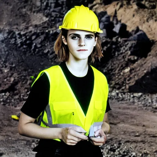 Image similar to photo, close up, emma watson in a hi vis vest, inside coal mine, portrait, kodak gold 2 0 0,