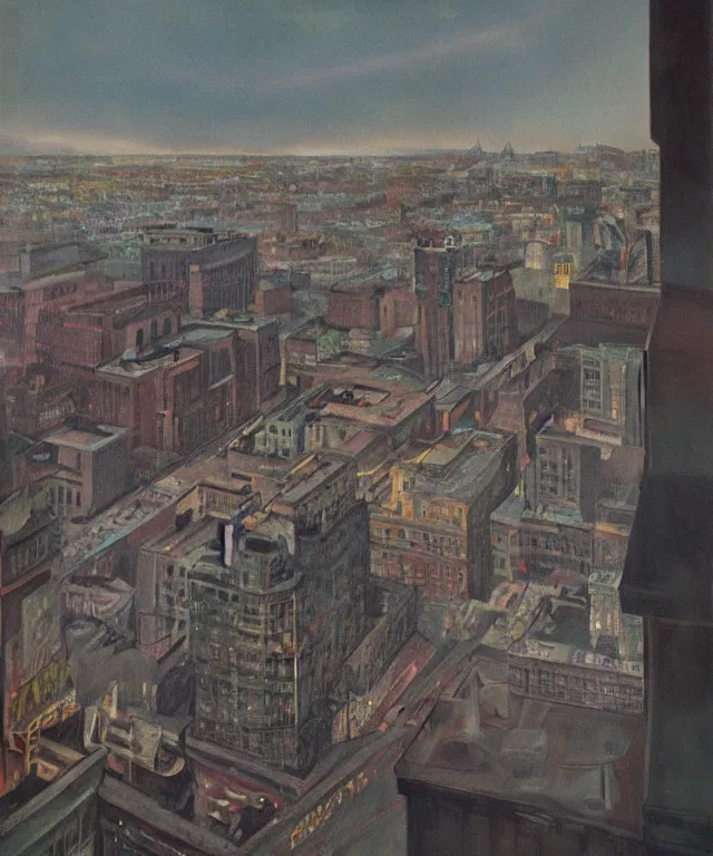 Image similar to horrifying full color photorealistic painting of the view from a 1 9 2 5 hotel terrace balcony overlooking a warped view of downtown boston in 1 9 2 5 with a cosmic sky, dark, atmospheric, brooding, smooth, finely detailed, cinematic, epic, in the style of paul carrick