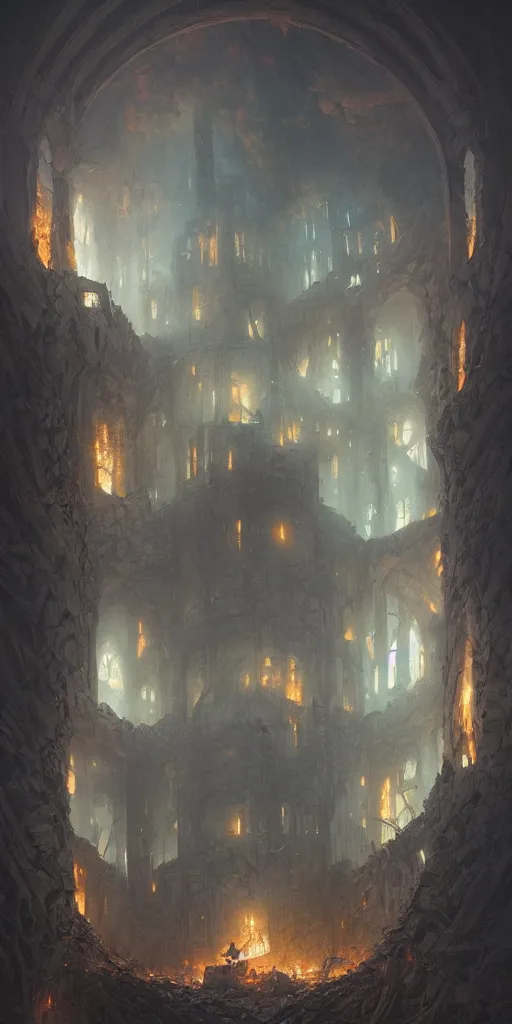 Image similar to Detailed Interior of the Burning Castle Ruins, Embers, Smoke billows, destruction walls, the ashen throne, bats flock, stunning atmosphere, in Style of Peter Mohrbacher, cinematic lighting