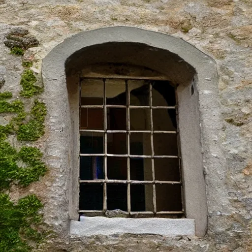 Image similar to a mullioned window through which you can see the sea