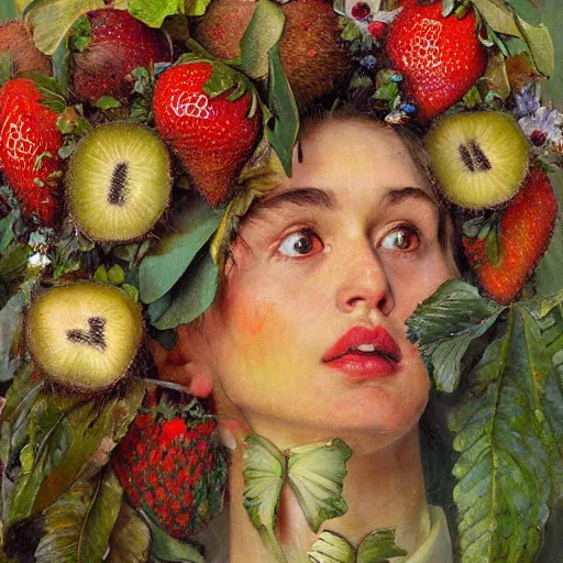 Prompt: a sculpture portrait made of kiwi and strawberries and flowers and plants, painting part by wojciech siudmak, part by ilya repin, part by max ernst, part by norman rockwell, artstation