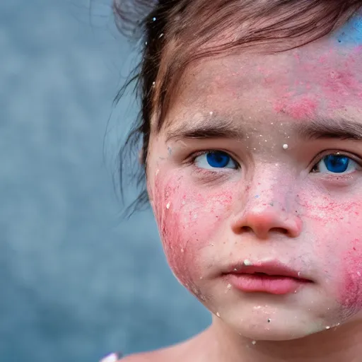 Image similar to a little blue-skinned girl with messy black hair sharp pointed ears freckles along the ridges of her cheeks, high resolution film still, 4k, HDR colors