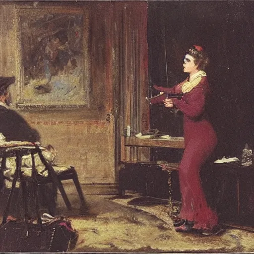 Image similar to actress rehearsing an action scene on stage by alfred stevens