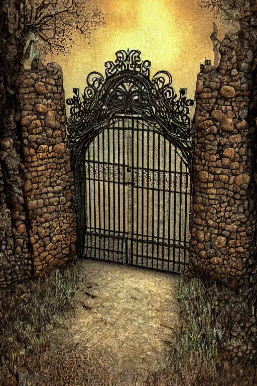 Prompt: beautiful digital painting high quality heavy iron gothic gate in the woods cobblestone ground by Richard Corben, ,artstation behance