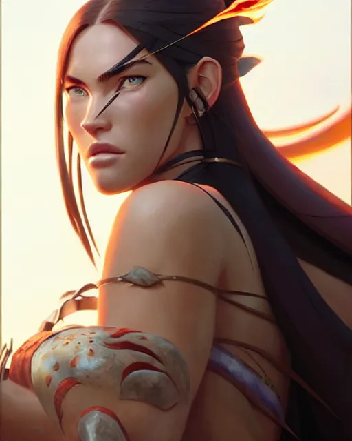 Image similar to azctec warrior, megan fox, detailed perfect face, exquisite details, fire magic, mid view, design on a white background, by studio muti, greg rutkowski makoto shinkai takashi takeuchi studio ghibli