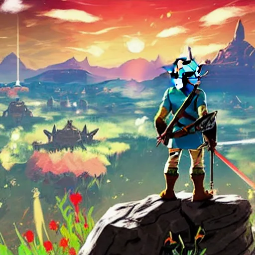 Image similar to <https://s.mj.run/lL-gCjhqJMs> legend of zelda breath of the wild, No mans Sky, red ,minimalistic