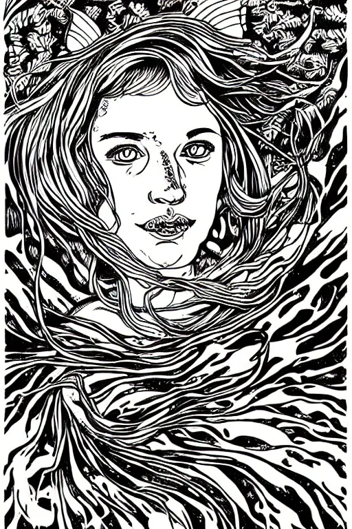 Prompt: portrait of a mermaid in kelp by MCBESS, colour print