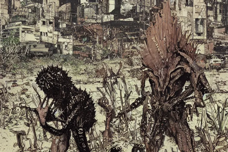 Prompt: on the street of abandoned town, tall figure with goat head surrounded by shadows, spiny giant plants bursting through them, surreal, very coherent, intricate design, painting by Laurie Greasley, part by Yoji Shinkawa, part by Norman Rockwell