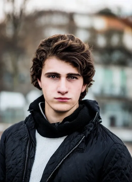 Prompt: a personal close up portrait of a 2 1 year old man from switzerland, royal crown, his hair is brown and short, his eyes are green, his face is symmetric and friendly, he's proud to be where he is in life, black jacket, ambient light, beautiful composition, magazine photography, full frame, 5 0 mm, f 1. 8