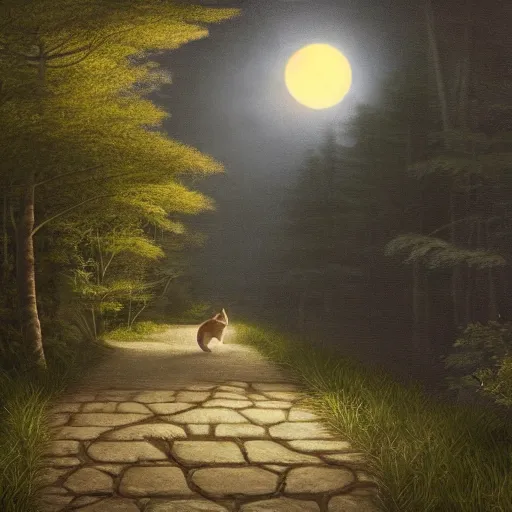 Prompt: matte painting of a tabby cat walking on a path in a dark moonlit Maine forest, serene, highly detailed, by caravaggio and alan lee, trending on artstation, 4k