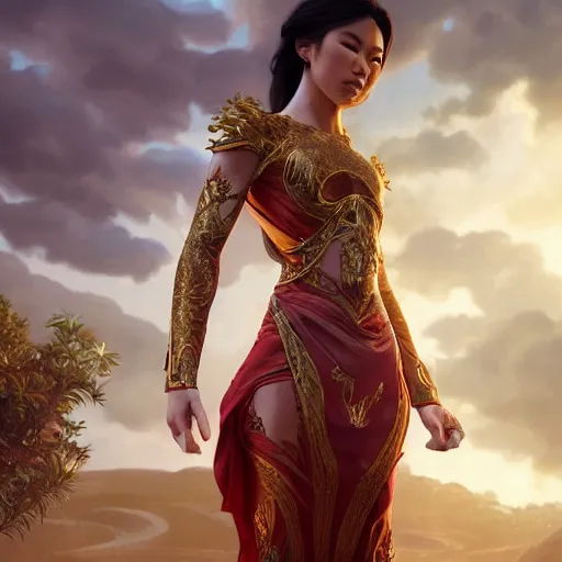 Prompt: muscular woman wearing ao dai, ultra realistic, concept art, intricate details, highly detailed, photorealistic, octane render, 8 k, unreal engine. art by artgerm and greg rutkowski and alphonse mucha