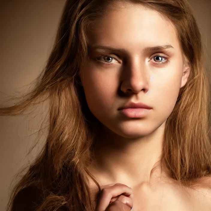 Prompt: photographic Close-up face of a extremely beautiful girl with light brown hair , high light on the left, non-illuminated backdrop, illuminated by a dramatic light, Low key lighting, light dark, High constrast, dramatic , Steve Mccurry, Greg Rutkowski, Alphonse Mucha ,dark background, high quality, photo-realistic, 8K,