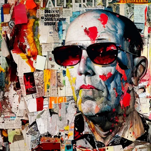 Image similar to hyperrealistic, photorealistic, mixed media oil painting of hunter s. thompson, magazine scraps, plaster, blood, oil, mustard, splatter, greg rutkowski, basquiat, ralph steadman