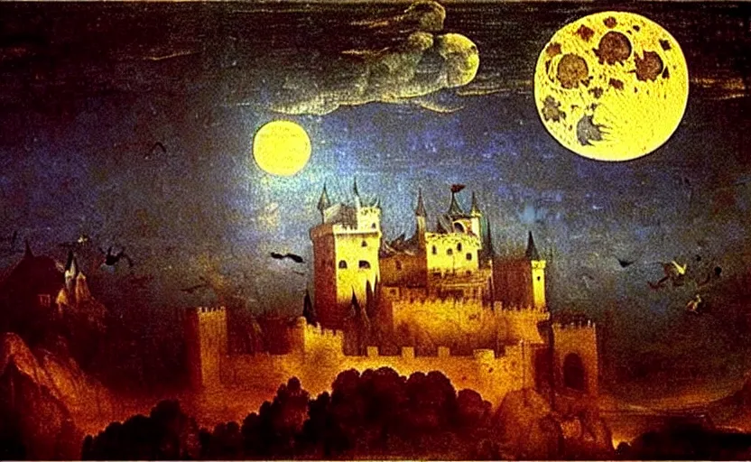 Prompt: oil painting by leonardo da vinci, full moon, french gothic burning!!! castle, fog! clouds, bats flying away from castle, blur, bokeh,