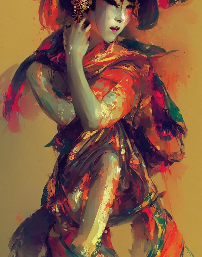 Prompt: portrait of a beautiful geisha, volume lighting, concept art, by greg rutkowski!!, colorful, xray melting colors!!