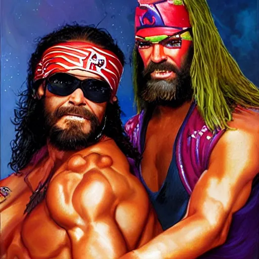 Image similar to portrait of wwf macho man randy savage and wcw sting sharing hotdogs, an oil painting by ross tran and thomas kincade