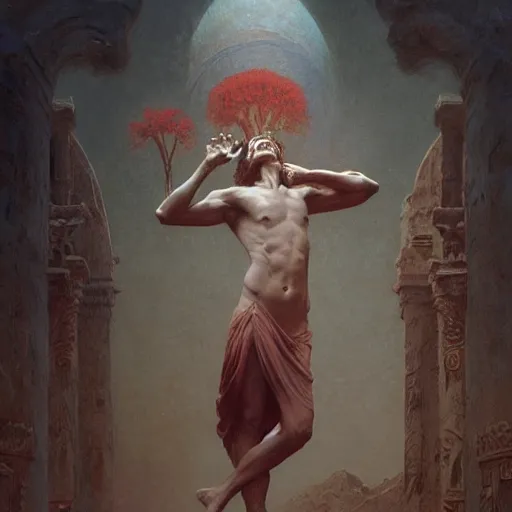 Image similar to Greek god, psychedelic art, fullbody, artstation, dark fantasy, concept art, smooth, sharp focus, illustration, art by greg rutkowski and orientalism and bouguereau and Zdzislaw Beksinski, good clear quality, lighting, biology, symmetrical artwork, perfect face, 135 mm, cinematic, hyper realism, high detail, octane render, 8k, chrome accents