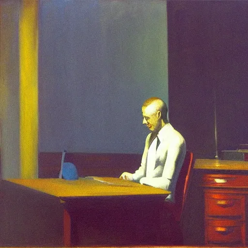 Prompt: a surreal figure sitting at his desk in an office, in a nightmare, by Edward Hopper, highly detailed,