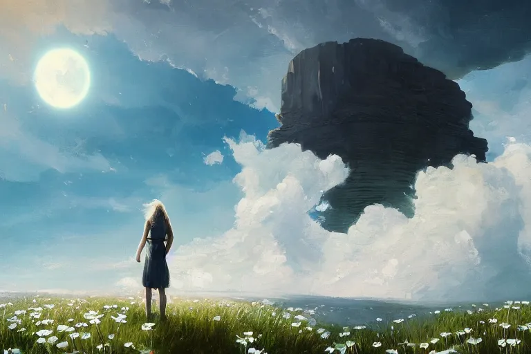 Image similar to giant white daisies flowers blooming over head, girl standing on cliff, surreal photography, solar eclipse, milky way, dramatic light, impressionist painting, clouds, digital painting, artstation, james gilleard, liam wong, jeremy mann, simon stalenhag