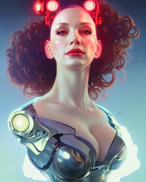 Image similar to portrait of christina hendricks as a robot, cyberpunk machine, machine face, robed, upper half portrait, decorated, intricate intense elegant highly detailed digital painting artstation concept art smooth sharp focus illustration, art by artgerm and greg rutkowski alphonse mucha 8 k