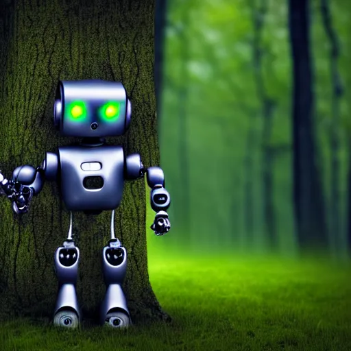 Image similar to a cute little robot in a wood. super realistic 8 k render of a dark hooded powerful elegant, cinematic composition