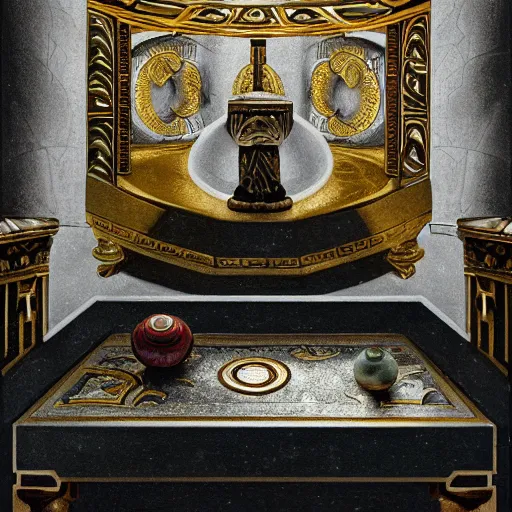 Image similar to in the center lays an ancient chromed artifact in the shape of a heavy signet ring, ornate with gentle iridescent shine from within. the ring lays on top of a pedestal. the pedestal is in front of a dark misty balcony at night. perspective from the side. realistic light and shadows. moody fantasy art, table still life renaissance pastel painting.