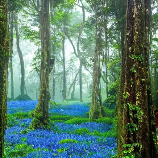 Prompt: an endless plain of blue flowers, a distant rainforest, gigantic trees in the style of avatar, h 7 0 4