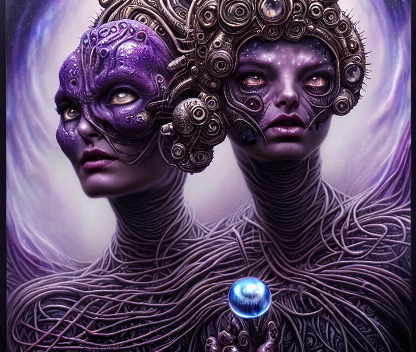 Image similar to A beautiful detailed alien goddess woman with 6 arms super dark tarot card, gorgeous model face by Stanley Artgerm, by tomasz alen kopera and Justin Gerard, 4 eyes, beautiful symmetrical features, ominous, magical realism, melting, texture, intricate, ornate, royally decorated, melting, whirling smoke, embers, purple adornments, blue torn fabric, radiant colors, fantasy, trending on artstation, volumetric lighting, micro details, 3d sculpture, ray tracing, 8k, anaglyph effect