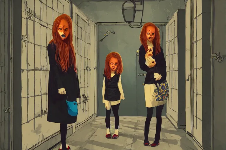 Image similar to scary ginger twin girls standing in an endless hallway, illustration, cute but scary, digital art, unique, trending on artstation, artistic, symmetrical, inspired by wes anderson