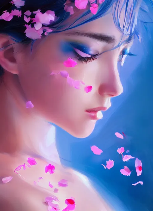 Image similar to gorgeous female covered in translucent blue and pink leaf and petals in the style of stefan kostic, cute - fine - face, dasha taran, backlit, refracted lighting, elegant, half body shot, 8 k, insanely detailed, intricate, art by stanley lau, artgerm, wlop, kuvshinov ilya,