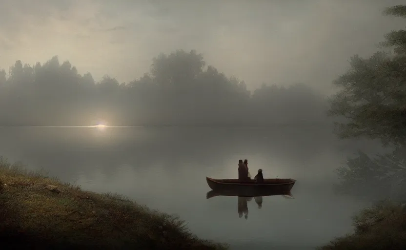 Prompt: a strange lake directed by charlie kaufman ( 2 0 0 1 ) anamorphic lenses, foggy volumetric light morning, a sad lonely row boat in the center, cinematic trending on artstation in the style of greg rutkowski