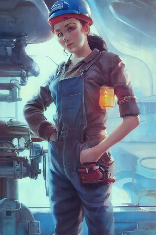 Prompt: a portrait of a cute female mechanic, dieselpunk setting, vivid colors, soft lighting, atmospheric, cinematic, moody, in the style of artgerm and greg rutkowski, oil on canvas, 8 k