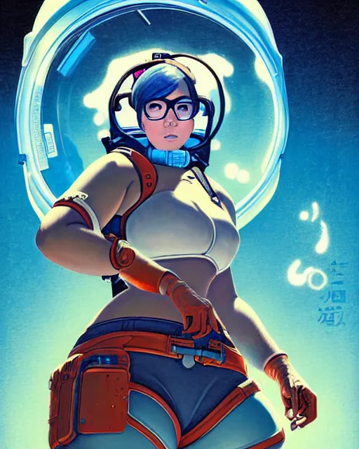 Prompt: mei from overwatch, character portrait, ice, portrait, close up, concept art, intricate details, highly detailed, vintage sci - fi poster, retro future, in the style of chris foss, rodger dean, moebius, michael whelan, and gustave dore
