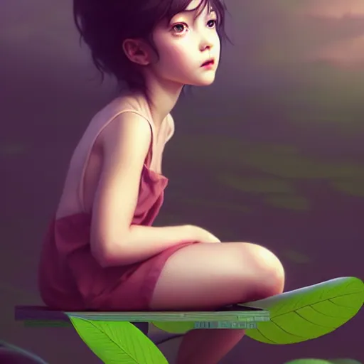 Image similar to very very small little girl by tom bagshaw, sitting on a gigantic green leaf by ilya kuvshinov, rtx rendering, octane render 1 2 8 k, maya, extreme high intricate details by wlop, digital anime art by ross tran, medium shot, close up shot, composition by sana takeda, lighting by greg rutkowski