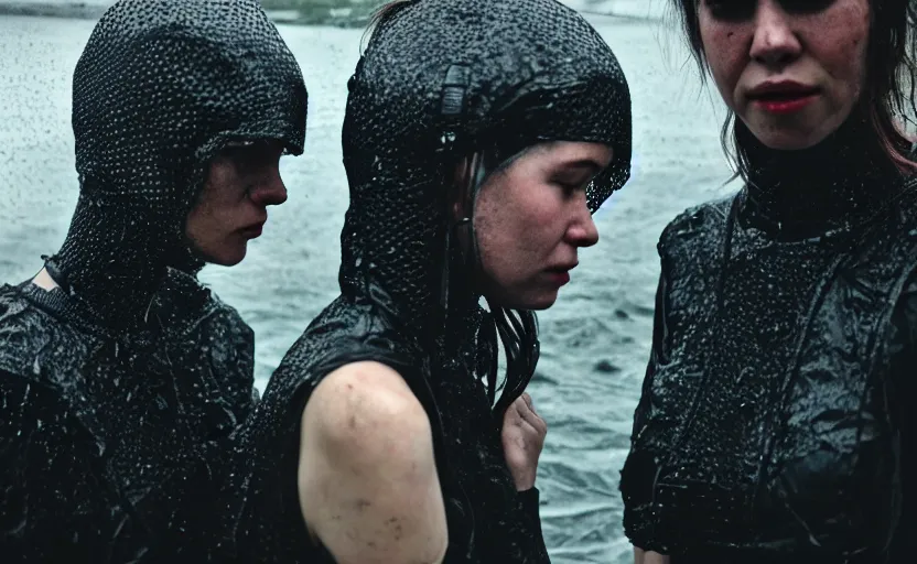 Image similar to cinestill 5 0 d candid photographic portrait by helen levitt of two loving female androids wearing rugged black mesh techwear in treacherous waters, extreme closeup, modern cyberpunk moody depressing cinematic, pouring rain, 8 k, hd, high resolution, 3 5 mm, f / 3 2, ultra realistic faces, ex machina