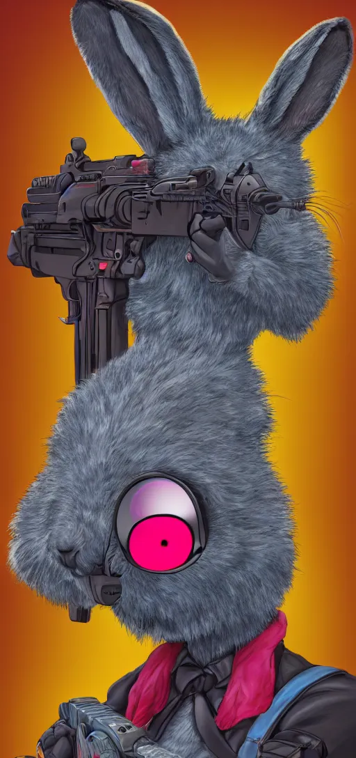 Image similar to portrait of neon fur rabbit with red eyes and a machine gun , 8k, highly detailed, sharp, realistic, in style of Brom