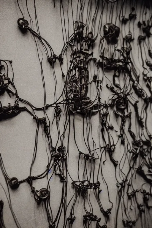 Image similar to close up, inside a museum, a room where body parts are piece of arts at night, filth and grim, wires and strings, very detailed, ultra realistic photography, grainy image, 50mm lens,