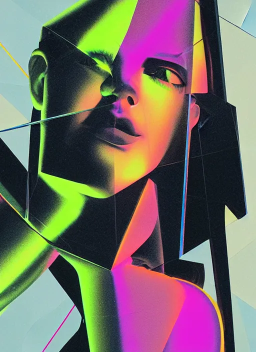 Image similar to futuristic lasers tracing, data visualization, laserpunk fullbodysuit,, pyramid visor, raindrops, wet, oiled, beautiful cyborg girl pinup, by steven meisel, kaws, rolf armstrong, cubist perfect geometry abstract acrylic, hyperrealism photorealistic airbrush collage painting, monochrome, neon fluorescent colors, minimalist rule of thirds, eighties eros