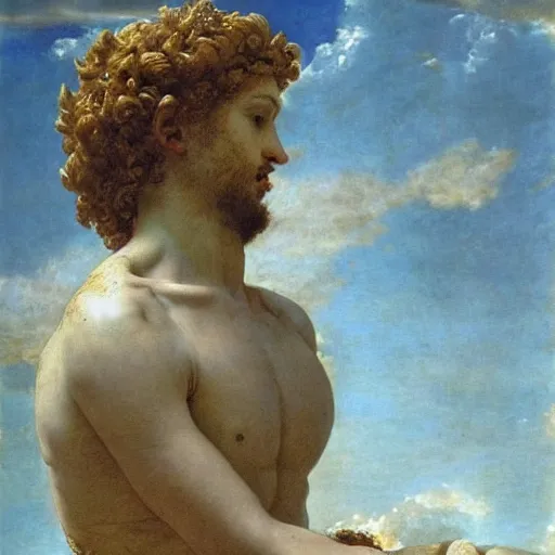 Prompt: the god of love eros soaring in the skies with apollo, ancient ruins by lawrence alma - tadema style, very detailed, anatomically correct, path traced lighting, soft natural lighting, only two gods