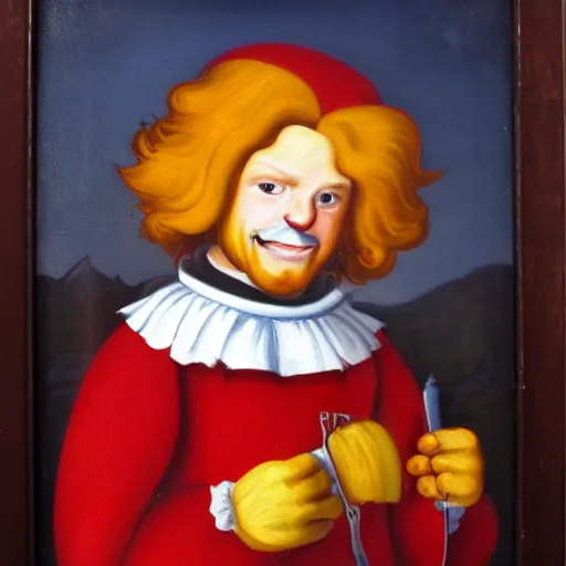 Prompt: an old middle ages oil painting of ronald mcdonald