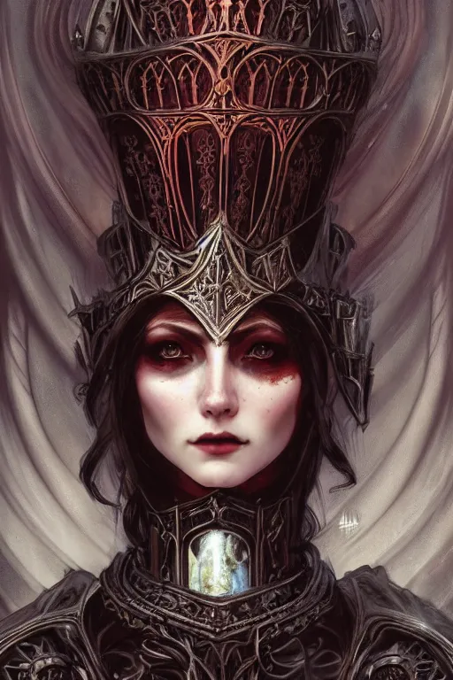 Image similar to beautiful luxury and gothic and victorian and holy medieval female reddish and white color armor knight portrait+smoky eyes+light flowing hair, in ruin gothic cathedral, ultradetail face, art and illustration by tian zi and craig mullins and WLOP and alphonse mucha, fantasy, intricate complexity, human structure, fantasy world concept, watermark, blurry, hyperrealism 8k