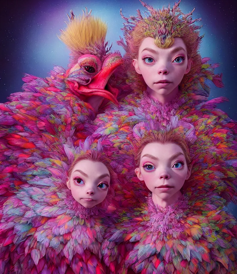 Image similar to hyper detailed 3d render like a Oil painting - kawaii portrait of two Aurora (a beautiful girl skeksis muppet fae princess protective playful expressive acrobatic from dark crystal that looks like Anya Taylor-Joy) seen red carpet photoshoot in UVIVF posing in feather dress to Eat of the Strangling network of yellowcake aerochrome and milky Fruit and His delicate Hands hold of gossamer polyp blossoms bring iridescent fungal flowers whose spores black the foolish stars by Jacek Yerka, Ilya Kuvshinov, Mariusz Lewandowski, Houdini algorithmic generative render, golen ratio, Abstract brush strokes, Masterpiece, Edward Hopper and James Gilleard, Zdzislaw Beksinski, Mark Ryden, Wolfgang Lettl, hints of Yayoi Kasuma and Dr. Seuss, octane render, 8k