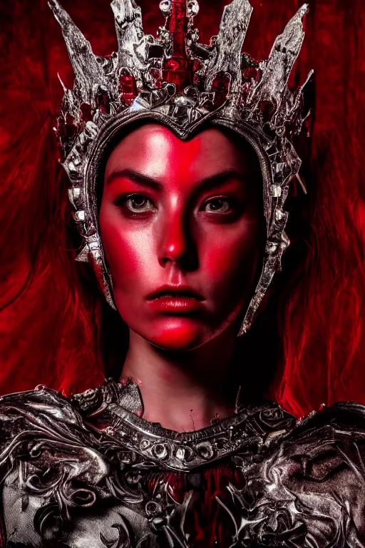 Image similar to the blood crown queen wear the scarlet armor, cinematic lighting, various refining methods, micro macro autofocus, ultra definition, award winning photo